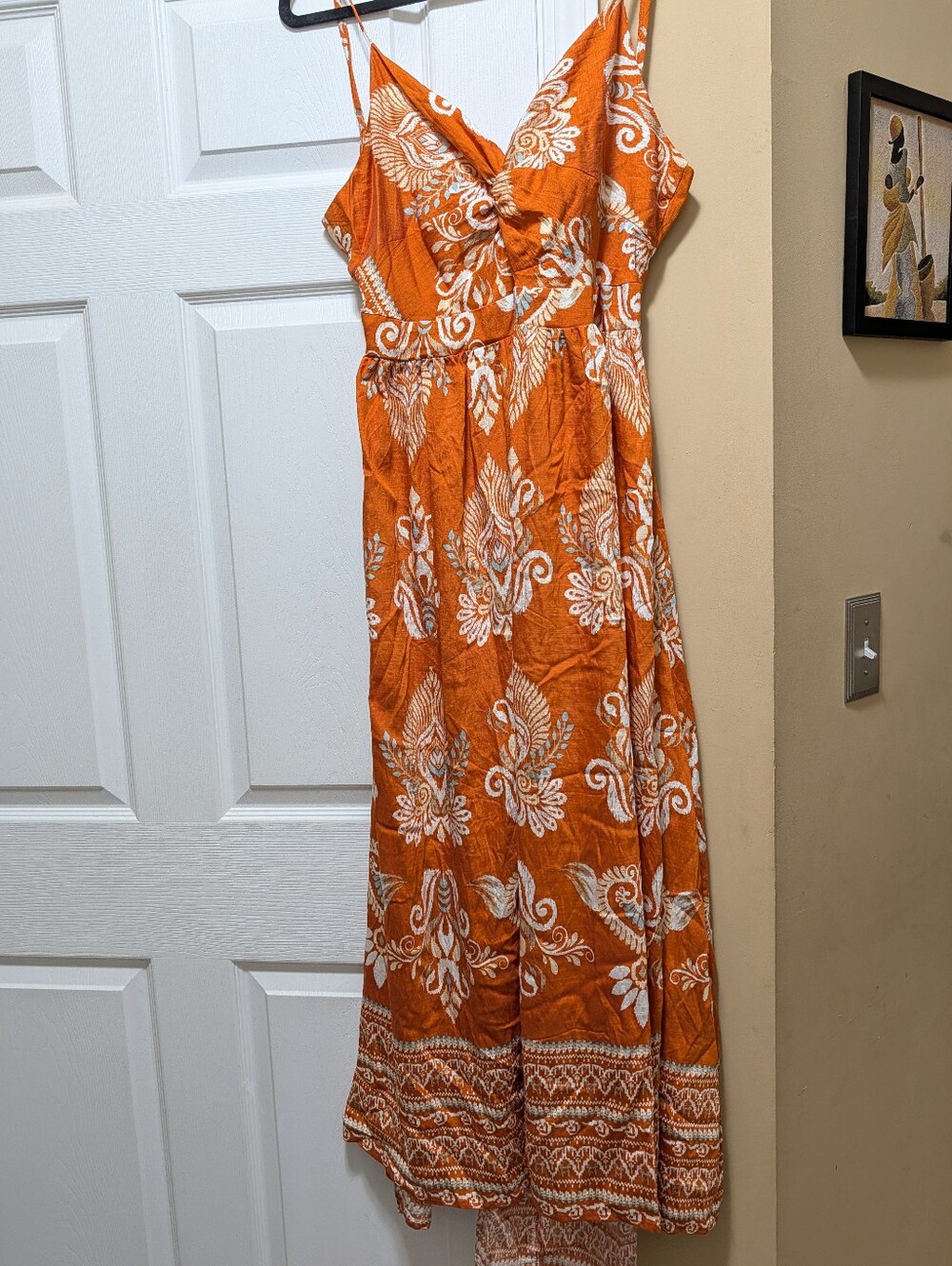 Orange Boho Floral Maxi Dress w/Spaghetti Straps Open Back Tie Front Free People